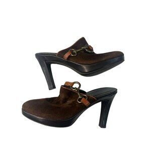 Coach P560 Karsen Mules Brown Suede Horse Bit Size 8.5 B